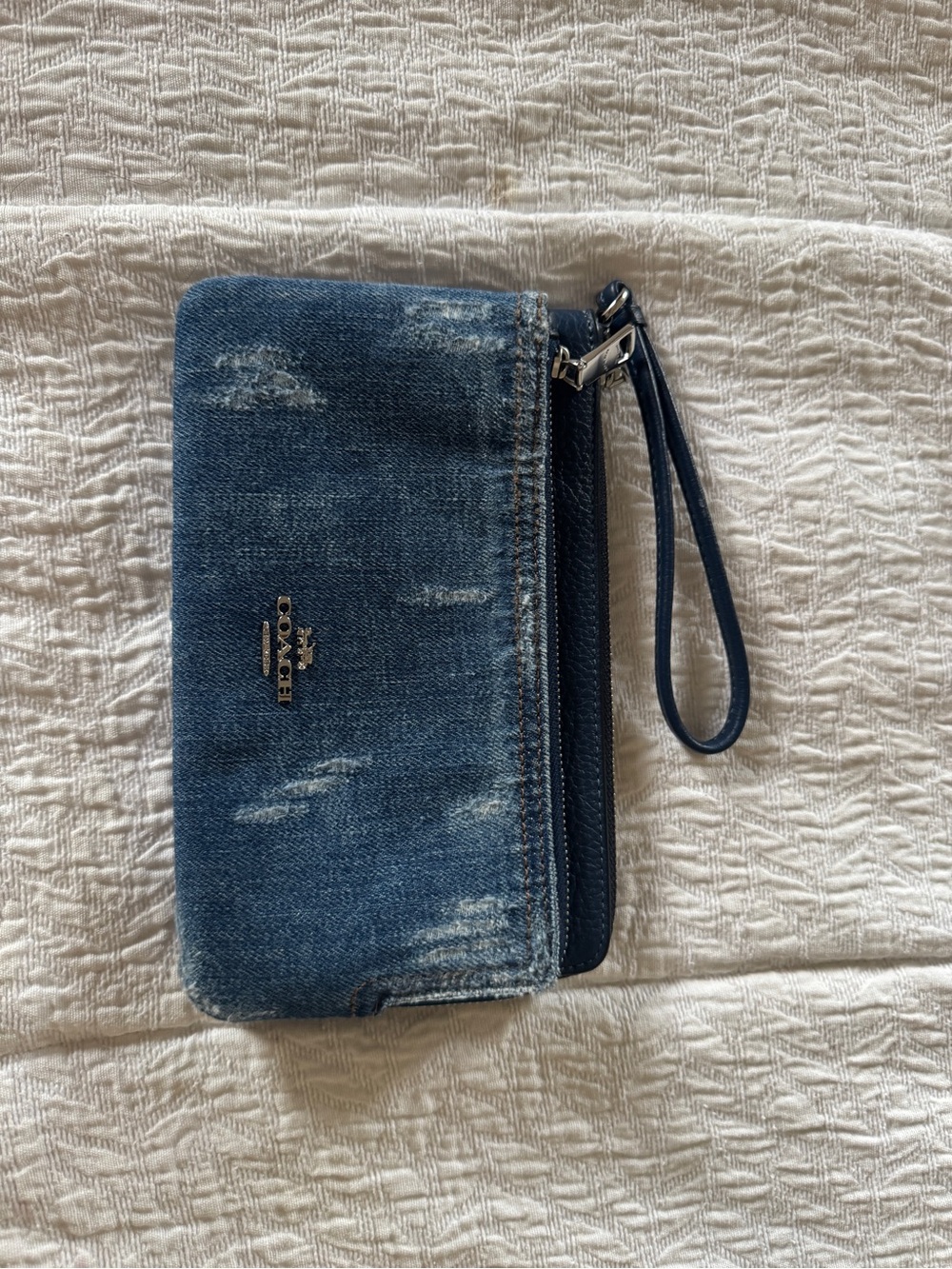 Coach double zip wristlet in loved denim and navy leather with tags